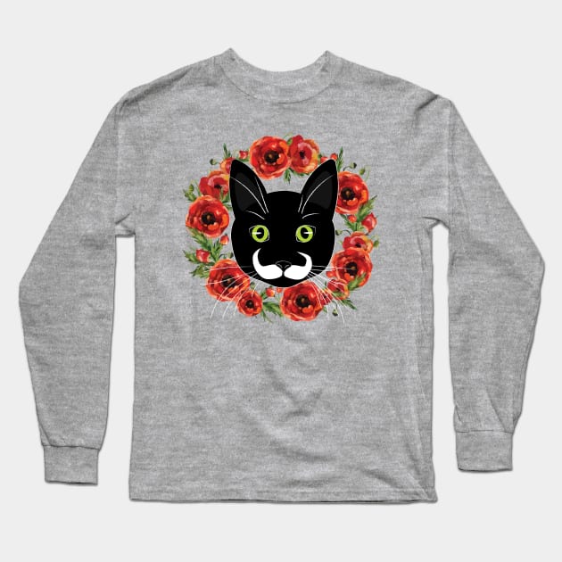 Mustache Cat with Flowers Long Sleeve T-Shirt by EMthatwonders